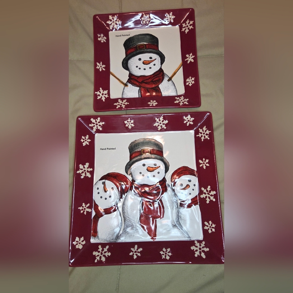 St. Nicholas Square Yuletide Hand-Painted Snowman Plates – Set of 2